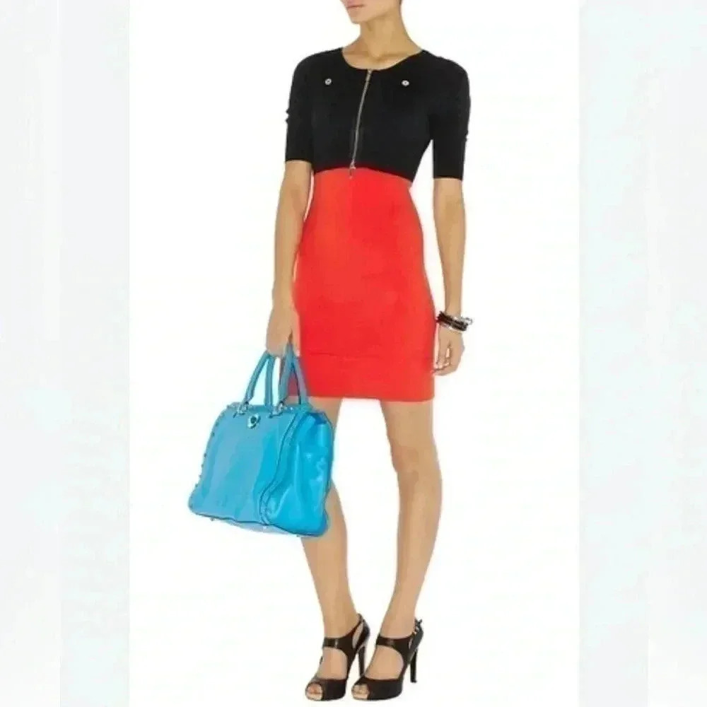 Karen Millen bodycon front zip long sleeve black and red body con mini dress 2